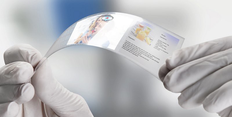 Scientific holding one piece transparent of graphene application with social media screen.