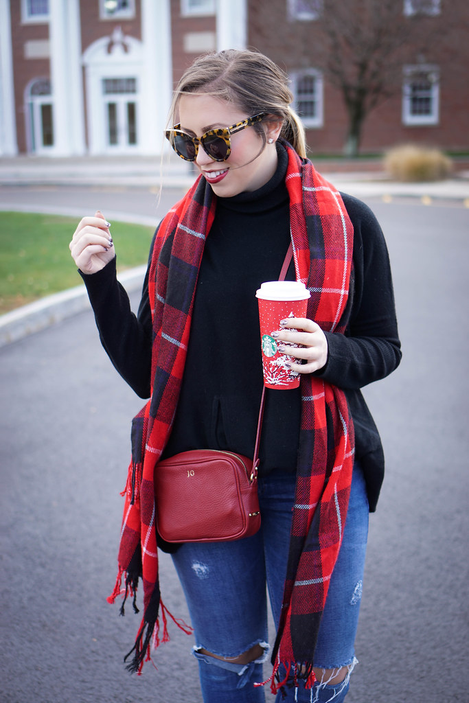 woman wearing oversized sweater from Garnet Hill Festive Red Plaid Scarf H&M Distressed Girlfriend Jeans Suede Booties Holiday Red Starbucks Cup