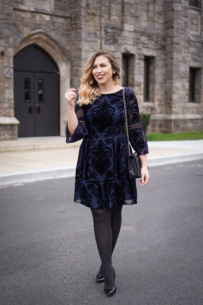 Eliza J Embroidered Poet Sleeve Blue Velvet Dress | Holiday Party Outfit