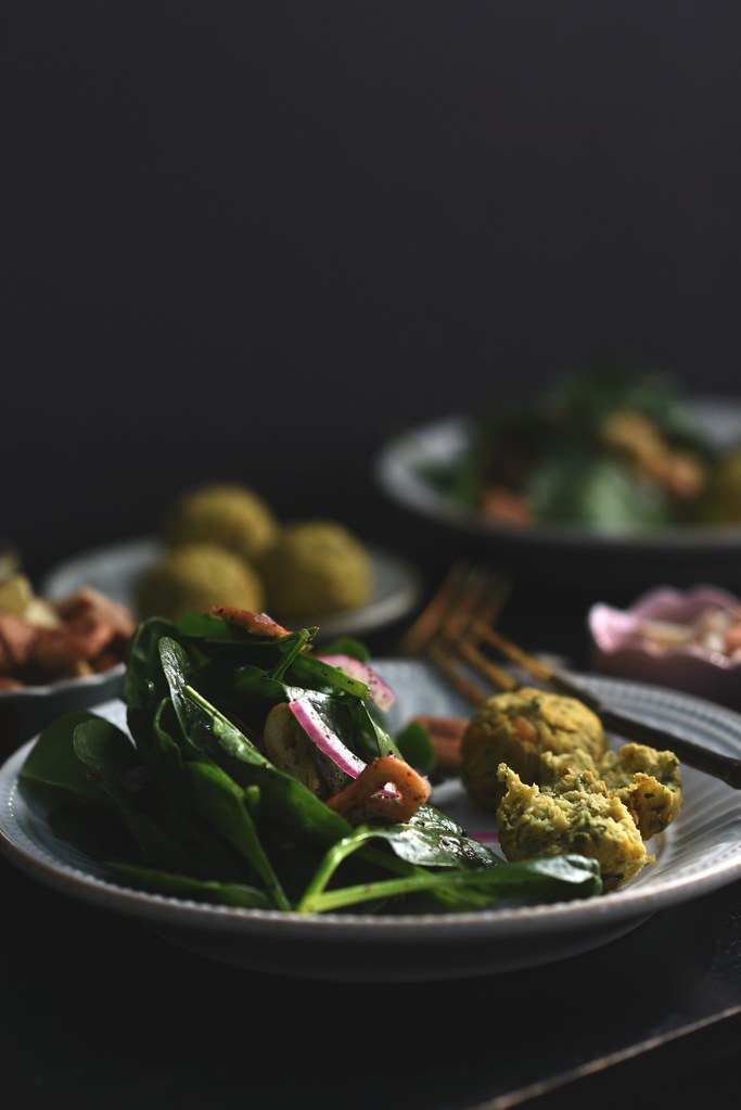 Spinach Salad + Baked Falafel