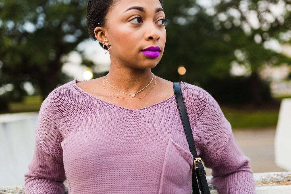 how to layer necklaces, purple lipstick for dark skin