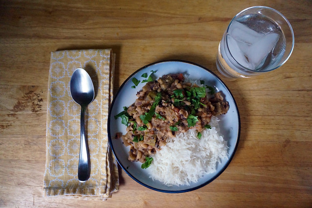 Overhead shot of a plate of curry and rice, the two fairly neatly bisecting the plate. The winter light creates strong shadows, giving the scene an almost Renaissance air, with the yellow napkin, water glass, and steel spoon standing out from the dimmer countertop like props in a Caravaggio canvas.