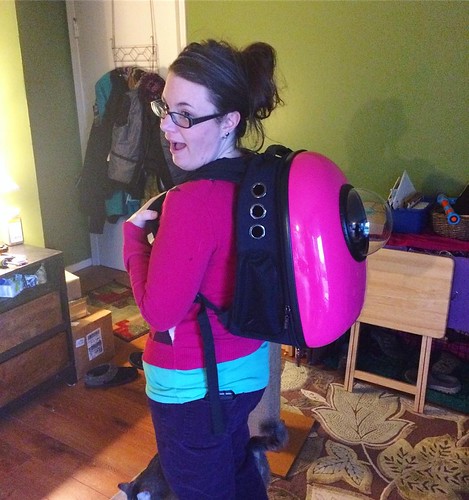 Corinne shows off her futuristic kitty backpack.