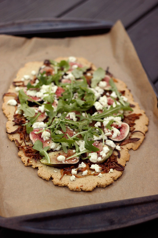 Grain-free Flatbread with Figs, Caramelized Shallots, Goat Cheese and Arugula (Gluten-free with vegan options)