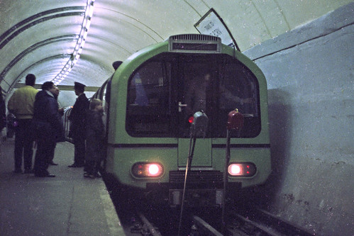 Green London Underground Central Line Prototype train at Aldwych