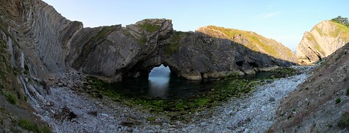 Jurassic Coast Coastal Landforms - Sea arch, blow hole, cove - Stair Hole Panorama