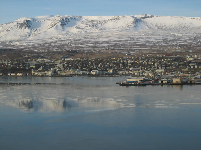 The town of Akureyri with the mountains behind