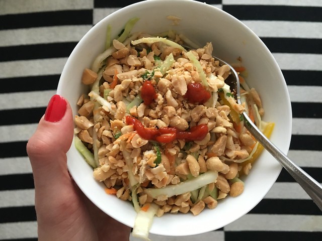 chopped Thai chicken salad with Sriracha smiley face