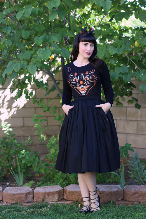 Lucy Fur Sweater by Sourpuss Pinup Girl Clothing Pinup Couture Jenny Skirt in Black Sateen