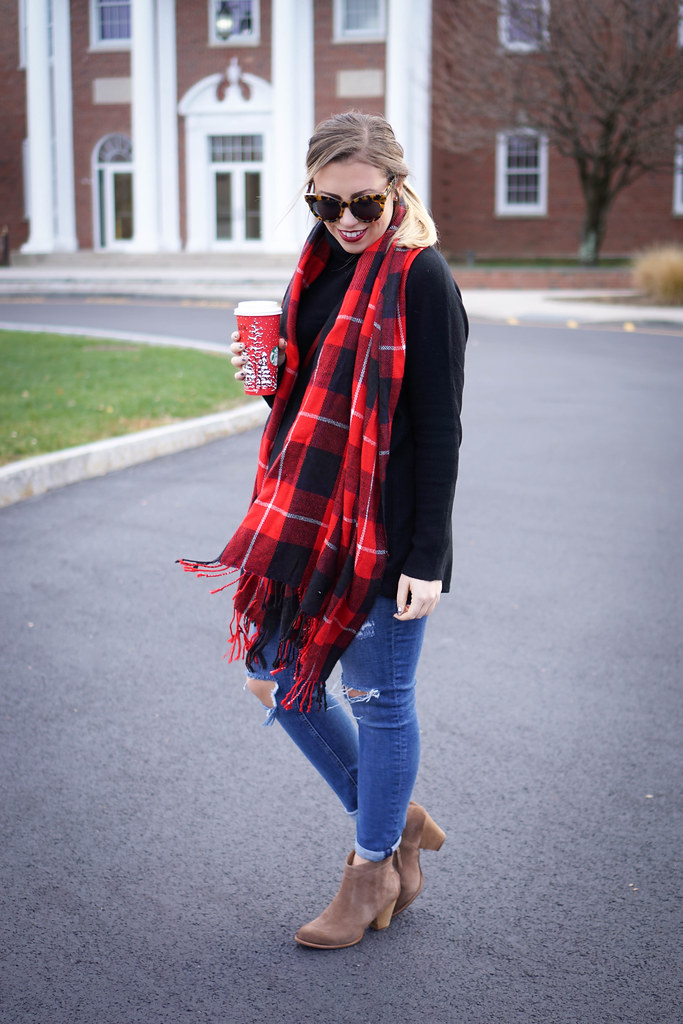 Garnet Hill Oversized Turtleneck Sweater Festive Red Plaid Scarf H&M Distressed Girlfriend Jeans Suede Booties Holiday Red Starbucks Cup