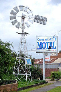 IBC (Intercolonial Boring Company) 8 foot geared Simplex windmill; Orana windmill hotel, Gilgandra, New South Wales, Australia