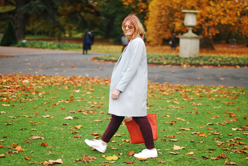 Autumn look fall outfit cold weather style grey duster coat, burgundy paper bag trousers, white Stan Smith sneakers, Fair Isle sweater | Not Dressed As Lamb, over 40 style