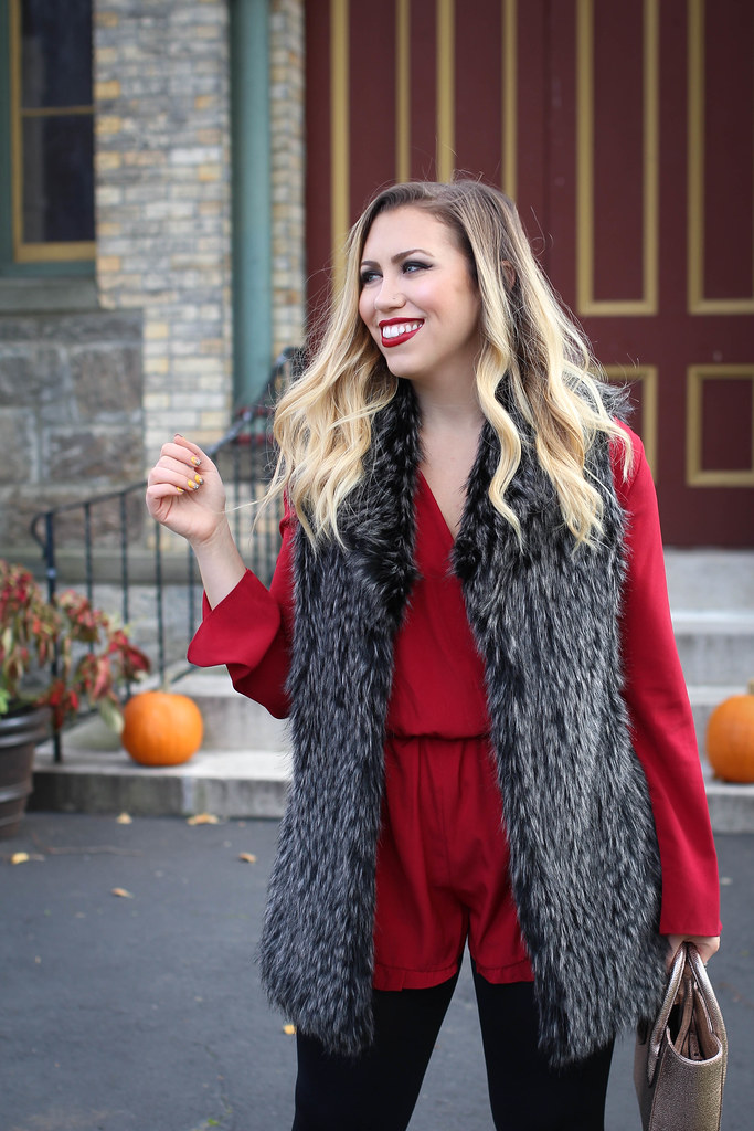Holiday Red Romper Gray Fur Vest Christmas Outfit Inspiration