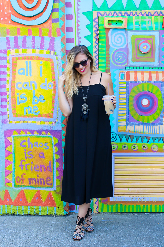 Black Midi Dress Colorful Wall Iced Coffee Summer Style Living After Midnite Fashion Jackie Giardina