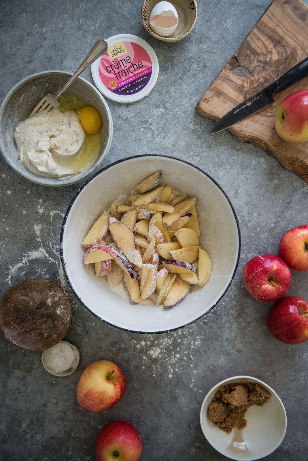 custardy creme fraiche apple pie | two red bowls