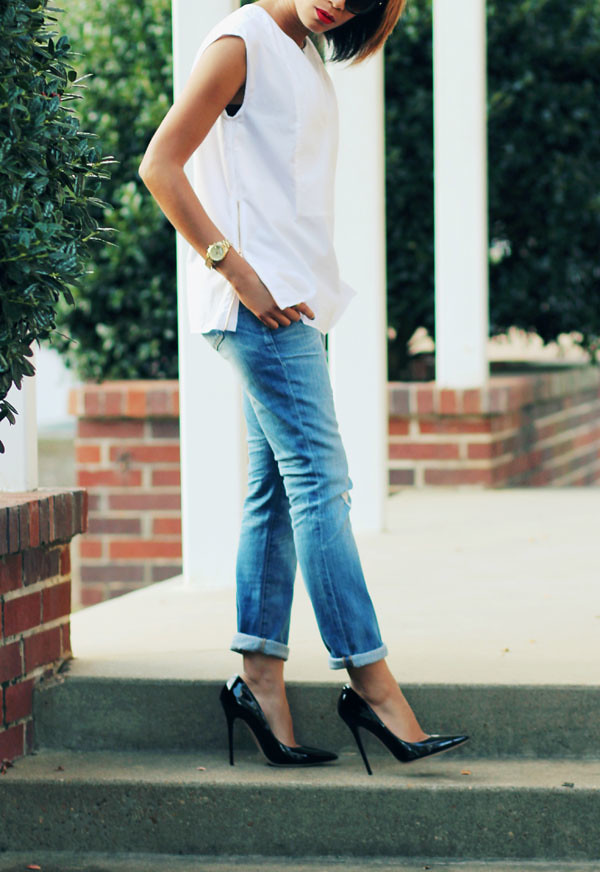 white shirt, blue jeans
