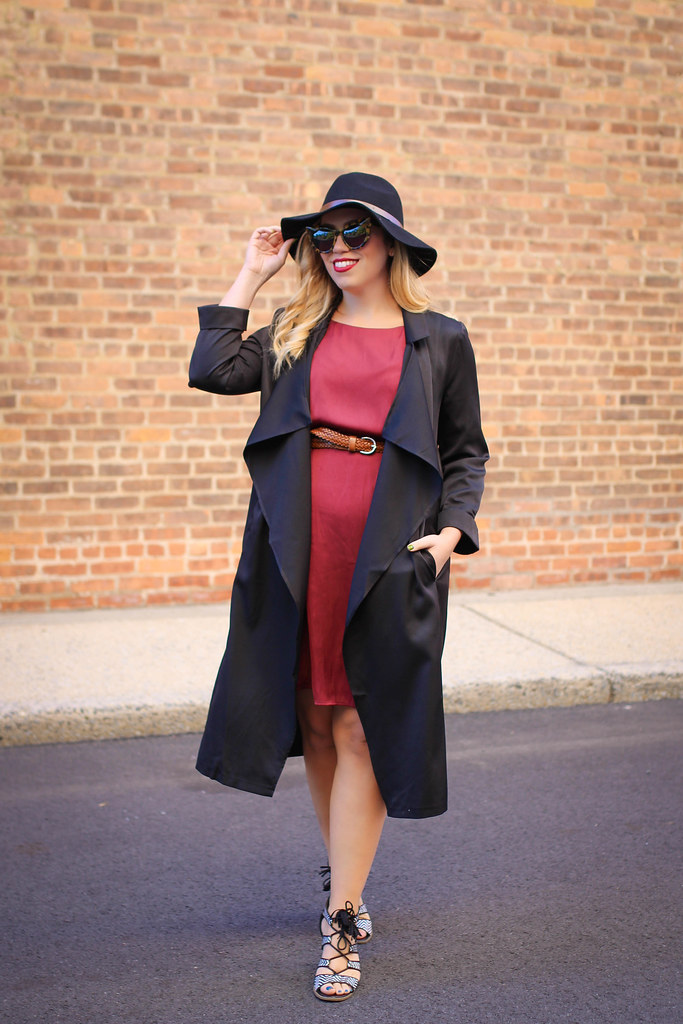 Fall Outfit Burgundy Dress Black Trench Coat Black Floppy Hat