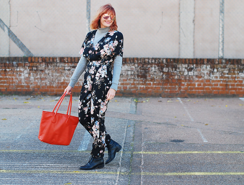 Dark floral jumpsuit styled for autumn / fall / winter layered with a roll neck, boots | Not Dressed As Lamb, over 40 style