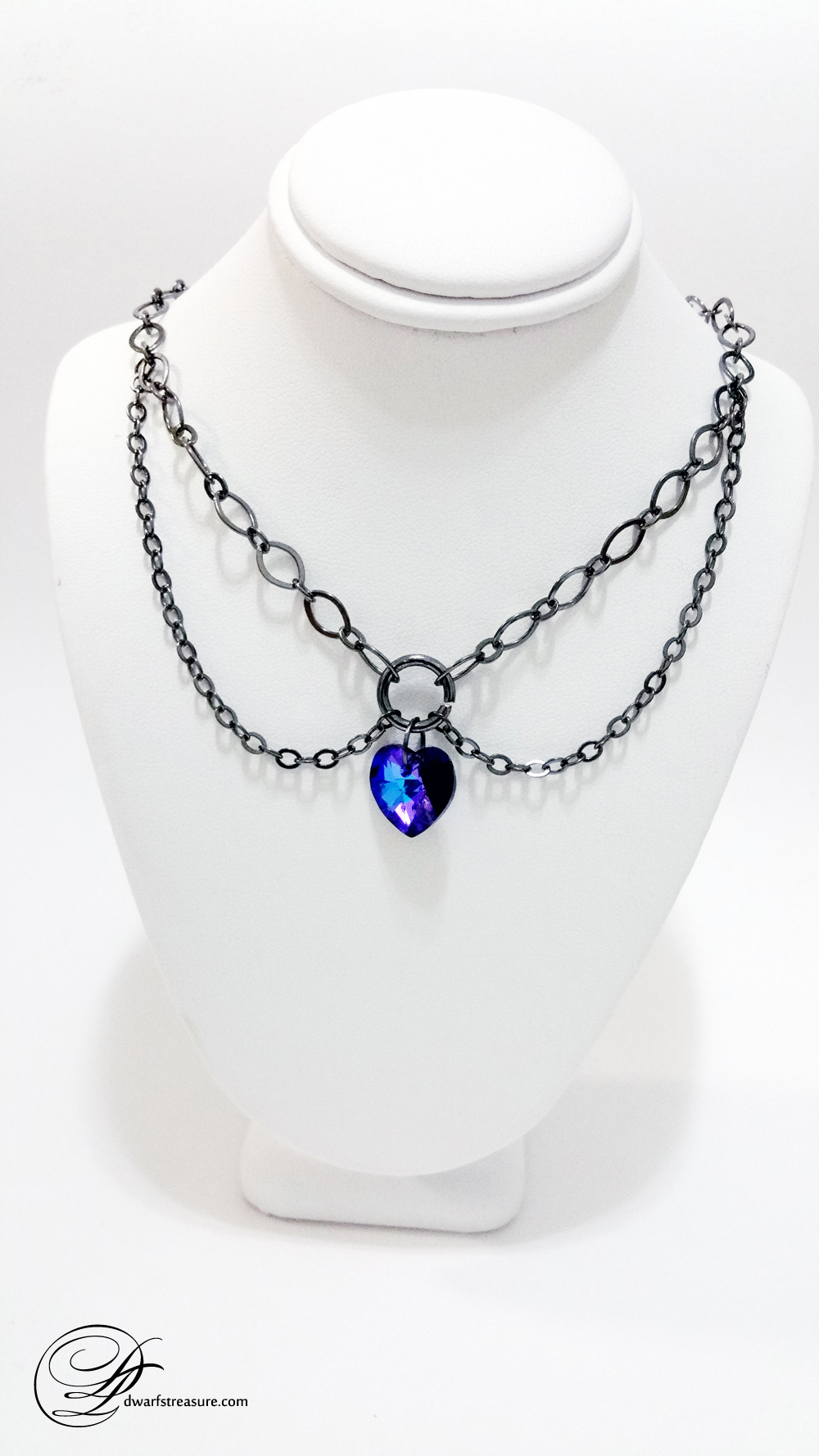 unique double chain necklace with ultraviolet Swarovski Crystal heart pendant