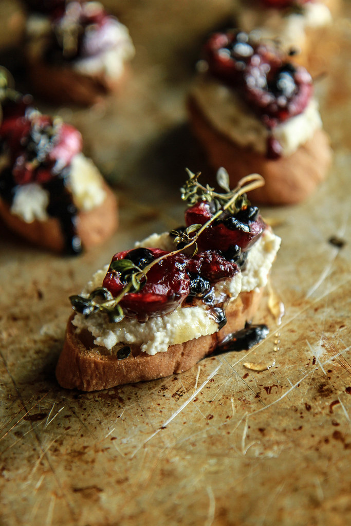 Crostini with Almond Ricotta, Roasted Cherries and Thyme with Balsamic and Honey- Vegan and GF form HeatherChristo.com