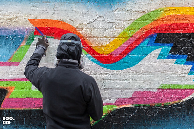 Felipe Pantone at work Painting A Mural in Shoreditch, London