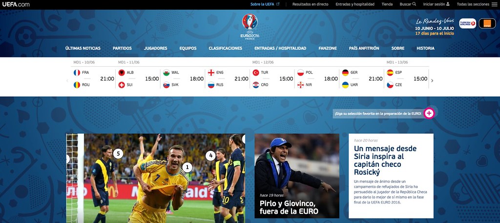 Captura de la portada de la web de la Eurocopa 2016 (Euro 2016)