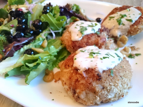 Herbed Fish Cakes with Horseradish Aioli and a Blueberry and Field Greens Salad