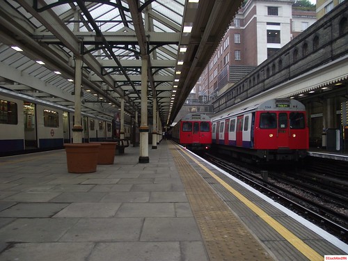 London Underground D Stock 7082 and 7001 and C Stock 5524, 5590 and 5568 and C Stock 5517 and 5544 at High Street Kensington