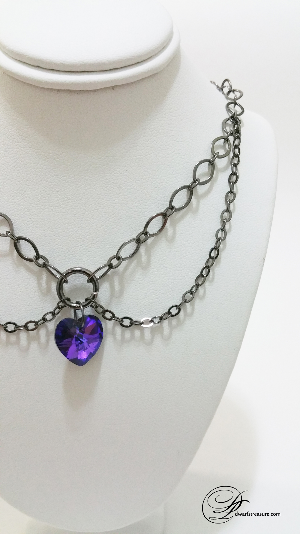 hot gunmetal double chain necklace with purple heart charm