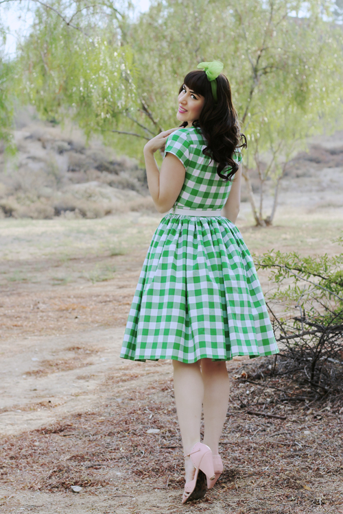 Bernie Dexter 1950s Green Gingham Kelly Cap Sleeve Swing Dress
