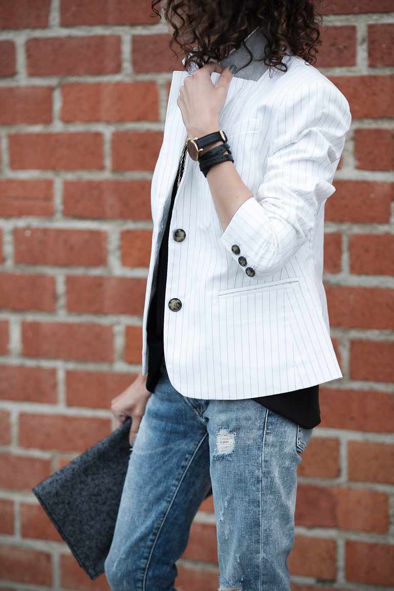 Banana Republic stripe blazer, petite fashion, petite style, silk button camisole