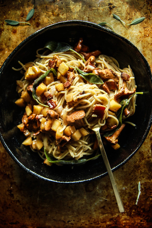 Pasta with Apple, Bacon and Chantrelle Mushrooms- Gluten and Dairy Free from HeatherChristo.com
