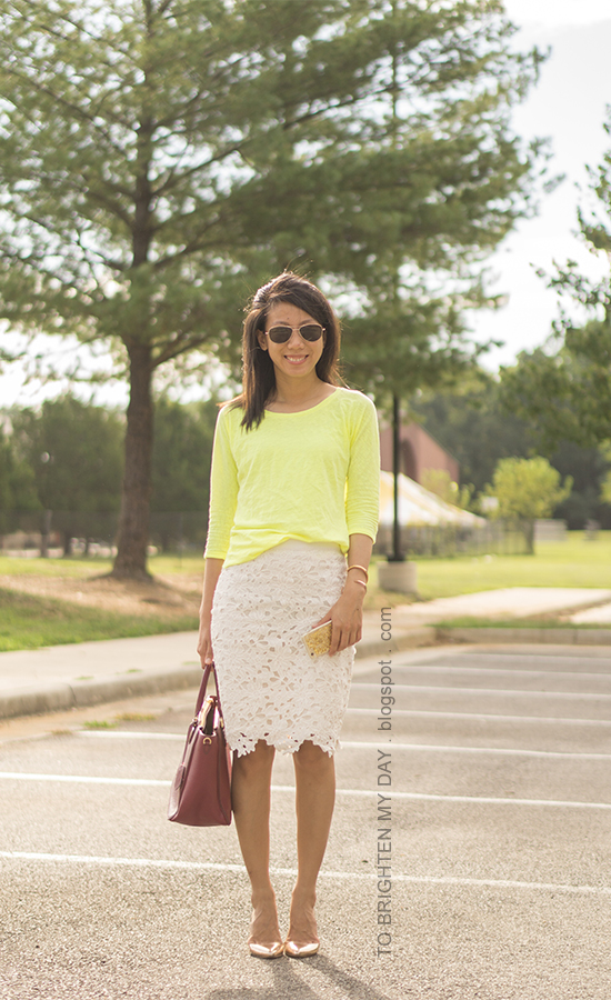 neon yellow top, off-white lace pencil skirt, burgundy purple tote, rose gold jewelry, rose gold metallic wedges