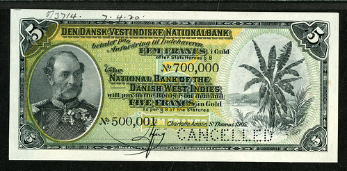 Lot 307 National Bank of the Danish West Indies 1905 Issue Specimen Banknote.