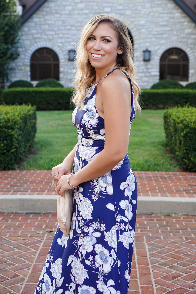 What to Wear to a Southern Wedding | Blue Floral Maxi Dress | Wedding Guest Attire Keeneland Lexington Kentucky Living After Midnite Blogger Jackie Giardina