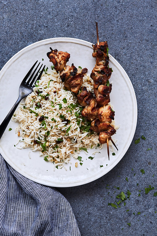 Moroccan Mint Rice with Spiced Chicken Skewers