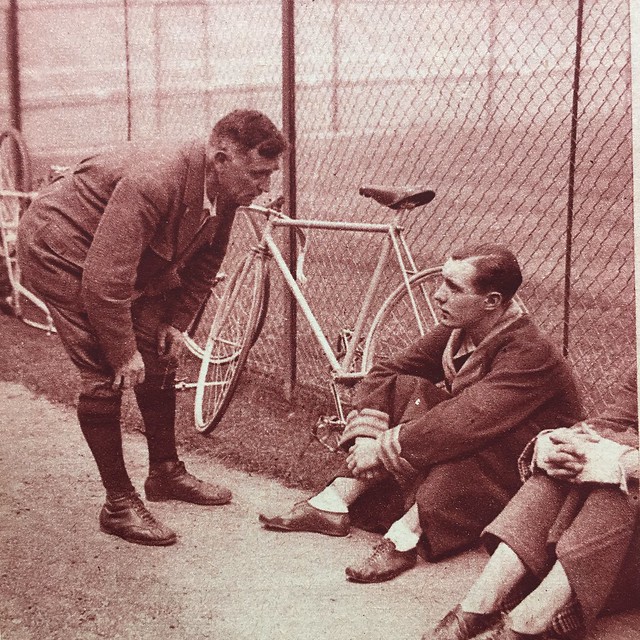 The veteran Eugène Christophe (1885 - 1970) provides advice to the young Pierre Georget (1917 - 1964) at the 1935 World Championships