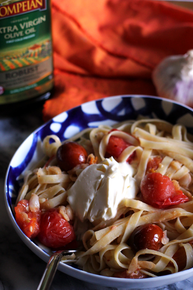 Garlicky Fettuccine with Tomatoes, White Beans, and Mascarpone