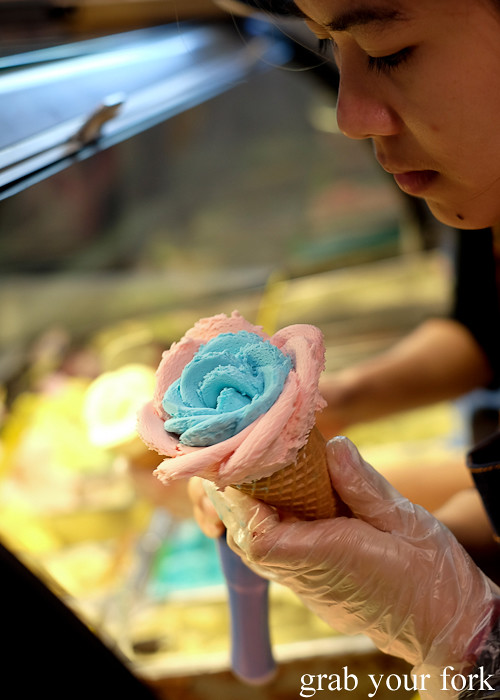 Blue bubblegum and pinky milky flower gelato at i-Creamy Artisan Gelato, Sydney