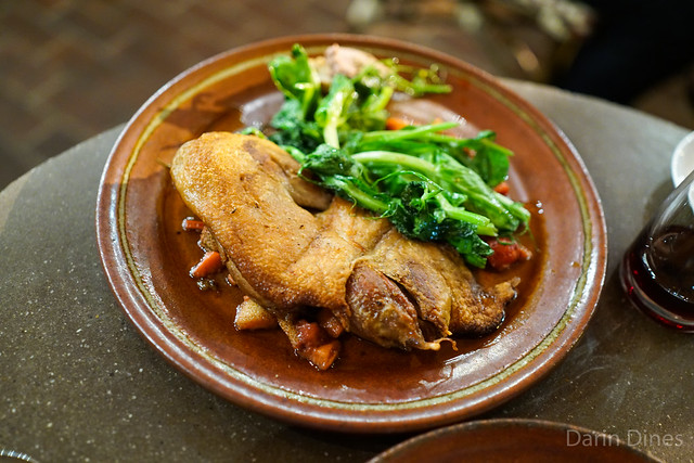 Conserve di Anatra Confit of half Sonoma duck, sautéed wild pea greens, grilled strawberry-rhubarb mostarda, duck jus