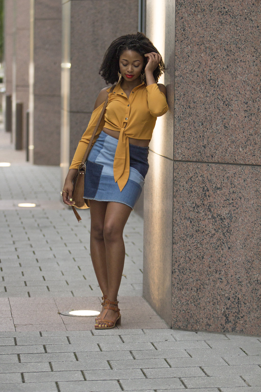 how to wear a patched denim skirt